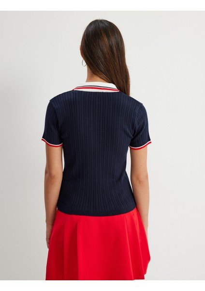 Polo Yaka Triko Kazak Kısa Kollu Saç Örgü Desenli fırsatları