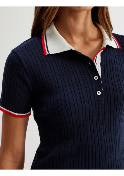 Polo Yaka Triko Kazak Kısa Kollu Saç Örgü Desenli indirimleri