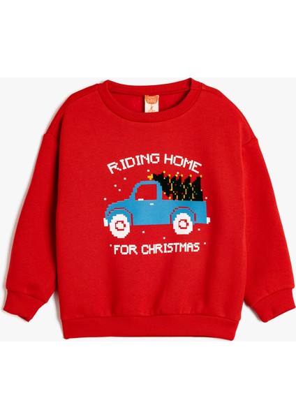Sweatshirt Yılbaşı Temalı Baskı Detaylı Uzun Kollu Pamuklu Şardonlu
