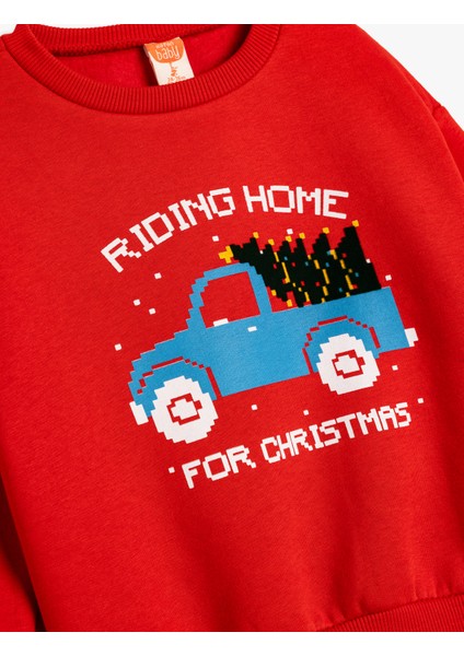 Sweatshirt Yılbaşı Temalı Baskı Detaylı Uzun Kollu Pamuklu Şardonlu