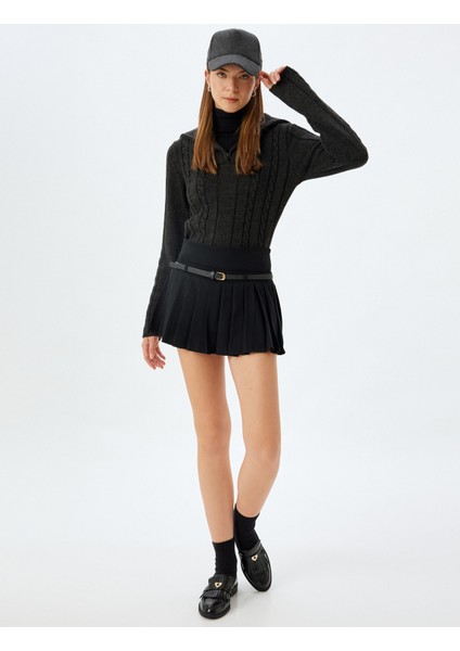 Yarım Fermuarlı Dik Yaka Kazak Saç Örgü Dokulu Uzun Kollu