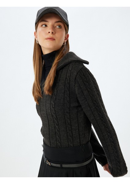 Yarım Fermuarlı Dik Yaka Kazak Saç Örgü Dokulu Uzun Kollu fiyatları