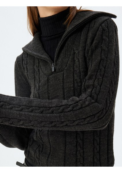 Yarım Fermuarlı Dik Yaka Kazak Saç Örgü Dokulu Uzun Kollu indirimleri