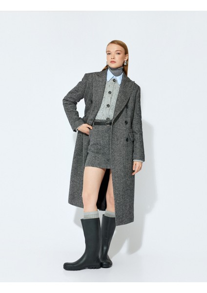 x Şahika Ercümen - Yumuşak Dokulu Yün Karışımlı A Kesim Kemerli Cepli Kaşe Mini Etek