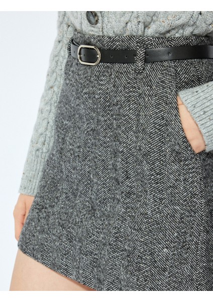 x Şahika Ercümen - Yumuşak Dokulu Yün Karışımlı A Kesim Kemerli Cepli Kaşe Mini Etek indirimleri