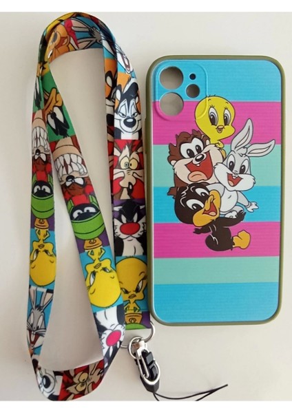 iPhone 11 Uyumlu Looney Tunes Tasarım Tuşları Renkli Telefon Boyun Askılı Kapak