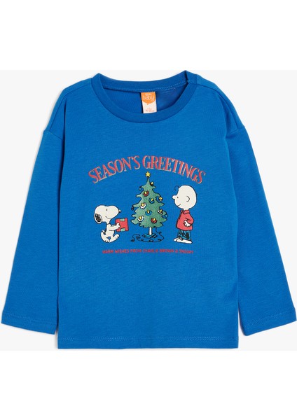 Yılbaşı Temalı Snoopy Baskılı Lisanslı Sweatshirt Uzun Kollu Bisiklet Yaka Pamuklu