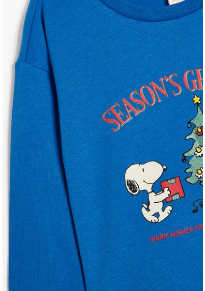 Yılbaşı Temalı Snoopy Baskılı Lisanslı Sweatshirt Uzun Kollu Bisiklet Yaka Pamuklu