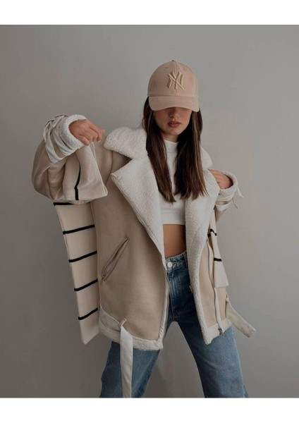 Kadın Mont Oversize Süet Içi Kürklü Kemer Detaylı Fermuarlı Cepli Ceket Mont