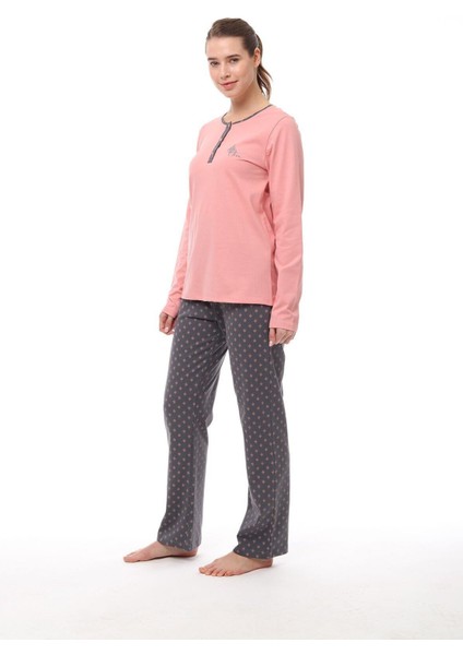 1538 Kadın Yaka Düğmeli Uzun Kollu Pijama Takım