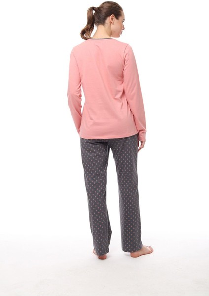 1538 Kadın Yaka Düğmeli Uzun Kollu Pijama Takım