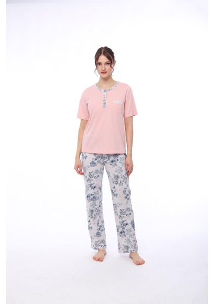1444 Kadın Çiçekli Cepli Kısa Kollu Pijama Takım