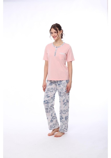 1444 Kadın Çiçekli Cepli Kısa Kollu Pijama Takım