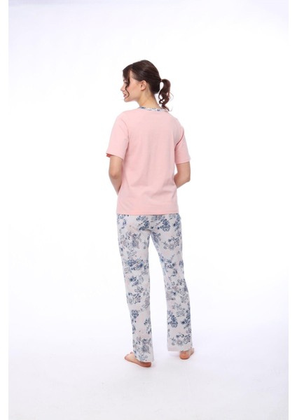 1444 Kadın Çiçekli Cepli Kısa Kollu Pijama Takım