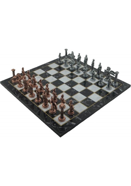Metal Satranç Takımı/seti,büyük,pegasus, Antik, Katlanır Mermer Desenli Satranç Tahtası