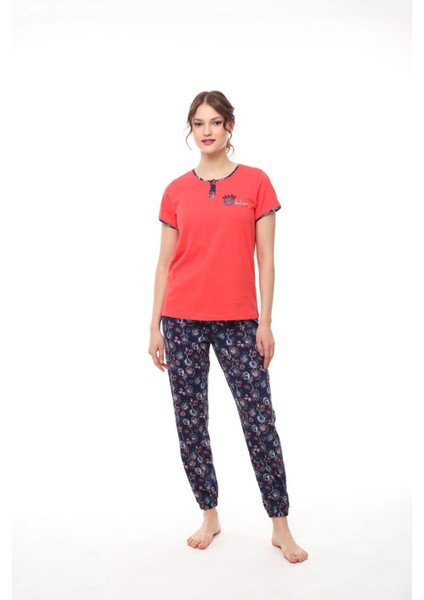 1448 Kadın Kısa Kollu Manşetli Pijama Takım