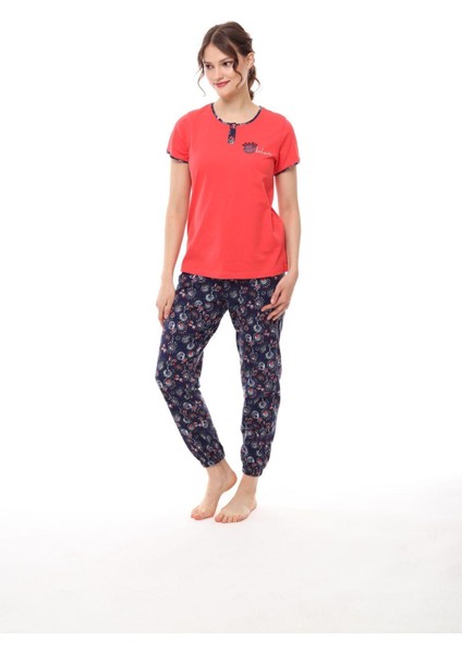 1448 Kadın Kısa Kollu Manşetli Pijama Takım