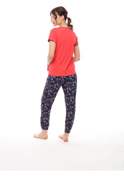 1448 Kadın Kısa Kollu Manşetli Pijama Takım