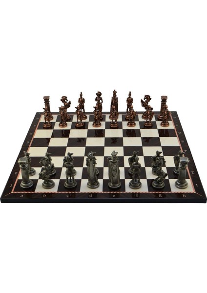 Battal Boy Metal Ingiliz Satranç Takımı Antik ve Katlanır Ceviz Desenli Mdf Satranç Tahtası (43X43 Cm.)