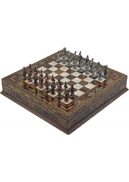 Metal Satranç Takımı Küçük Osmanlı & Bizans Antik Sandıklı Masif Ahşap Satranç Tahtası