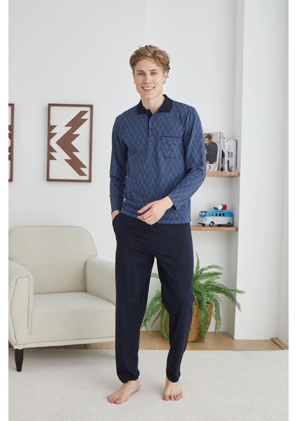 9247 Erkek Polo Yaka Düğmeli Uzun Kol Pijama Takım