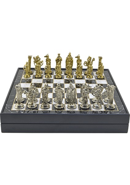 Büyük Boy Metal Ingiliz Satranç Takımı Parlak ve Mermer Desenli Sandıklı Mdf TAHTASI(36X36X6 Cm.)