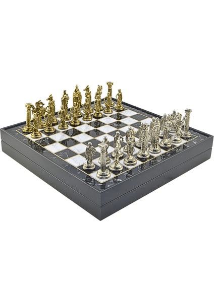 Büyük Boy Metal Ingiliz Satranç Takımı Parlak ve Mermer Desenli Sandıklı Mdf TAHTASI(36X36X6 Cm.)