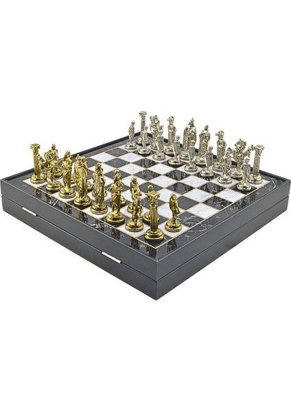 Büyük Boy Metal Ingiliz Satranç Takımı Parlak ve Mermer Desenli Sandıklı Mdf TAHTASI(36X36X6 Cm.)