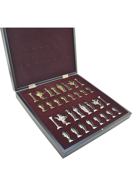 Büyük Boy Metal Ingiliz Satranç Takımı Parlak ve Mermer Desenli Sandıklı Mdf TAHTASI(36X36X6 Cm.)