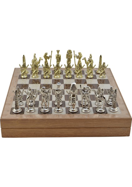 Metal Mısır Satranç Takımı Parlak ve Rustik Desenli Mdf Sandıklı Satranç Tahtası (36X36X6 Cm.)