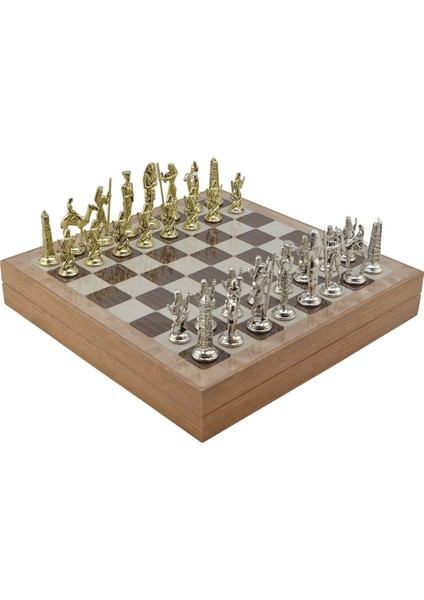Metal Mısır Satranç Takımı Parlak ve Rustik Desenli Mdf Sandıklı Satranç Tahtası (36X36X6 Cm.) fiyatları