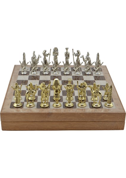 Metal Mısır Satranç Takımı Parlak ve Rustik Desenli Mdf Sandıklı Satranç Tahtası (36X36X6 Cm.) fırsatları