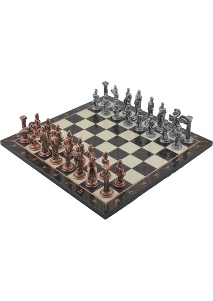 Metal Satranç Takımı/seti,büyük,pegasus, Antik Taş ve Ceviz Desenli Satranç Tahtası
