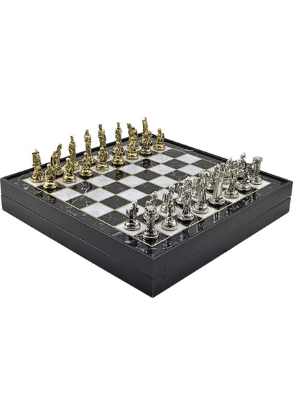 Orta Boy Metal Truva-Sparta Satranç Takımı Parlak ve Mermer Desenli Sandıklı Mdf TAHTASI(36X36X6 Cm.)