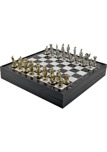 Orta Boy Metal Truva-Sparta Satranç Takımı Parlak ve Mermer Desenli Sandıklı Mdf TAHTASI(36X36X6 Cm.)