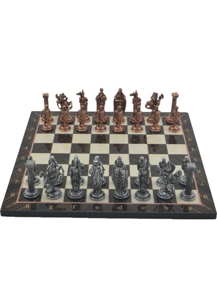Büyük Boy Metal Ingiliz Satranç Takımı Antik ve Katlanır Ceviz Desenli Mdf Satranç Tahtası (43X43 Cm.)
