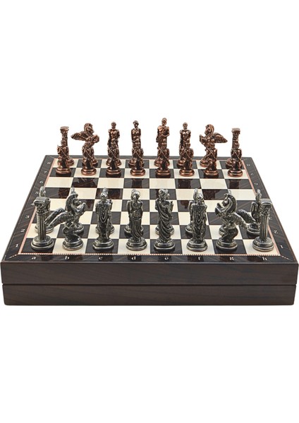 Büyük Boy Metal Pegasus Satranç Tk. Antik ve Ceviz Desenli Sandıklı Mdf TAHTASI(36X36X6 Cm.)