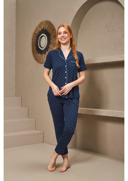 25163 Kadın Yakalı Düğmeli Puanlı Kısa Kollu Pijama Takım