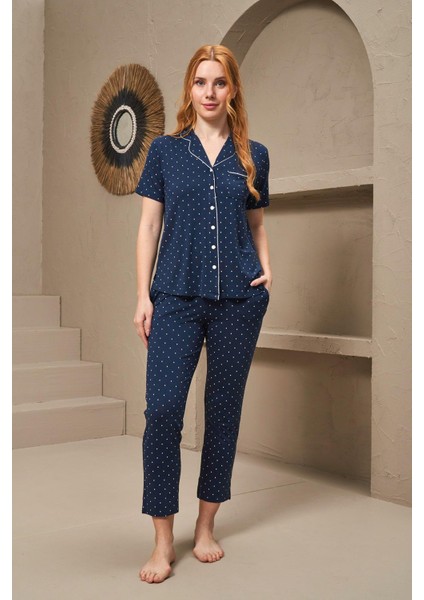 25163 Kadın Yakalı Düğmeli Puanlı Kısa Kollu Pijama Takım