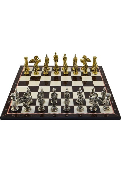 Battal Boy Metal Pegasus Satranç Takımı Parlak ve Katlanır Ceviz Desenli Mdf Satranç Tahtası (43X43 Cm.)