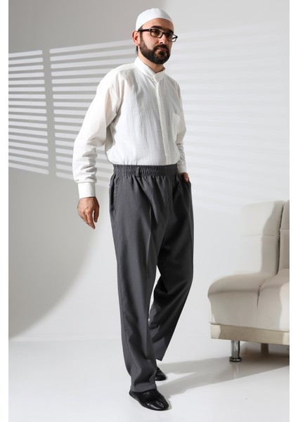 Erkek Beli Lastikli Cepli Hac ve Umre Kışlık Yün Efektli Şalvar Pantolon - Gri (Isr)