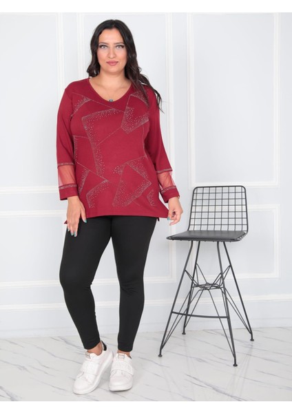 Kadın Büyük Beden Geniş Kalıp Taşlı Triko Görünümlü BLUZ-BGB58