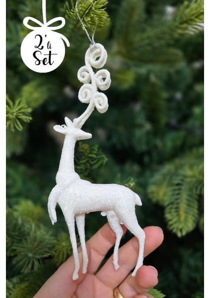 Beyaz Simli Uzun Boynuzlu Geyik Şeklinde Yılbaşı Ağacı Süsü Beyaz Geyik Yılbaşı Ağaç Süsü 2li Paket modelleri