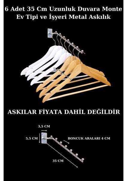 6 Adet 35 cm Boncuklu Ev ve Işyeri Için Uygun Duvara Monte Metal Askılık