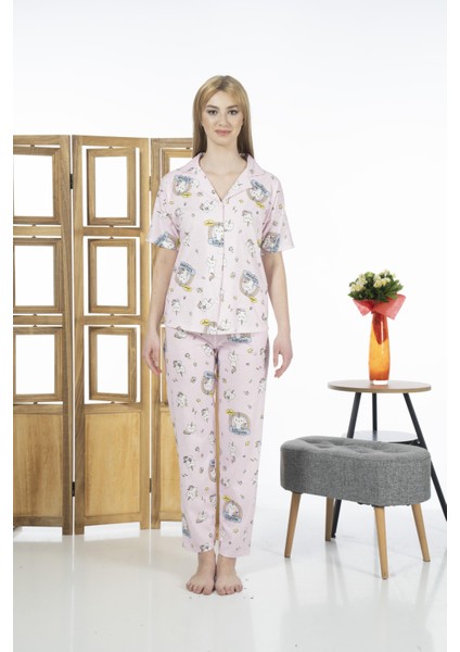 24125 Kadın Kittycorn Kısa Kol Önden Düğmeli Yazlık Penye Pijama Takımı