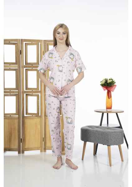 24125 Kadın Kittycorn Kısa Kol Önden Düğmeli Yazlık Penye Pijama Takımı modelleri