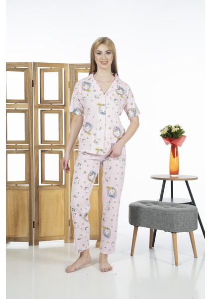 24125 Kadın Kittycorn Kısa Kol Önden Düğmeli Yazlık Penye Pijama Takımı fırsatları