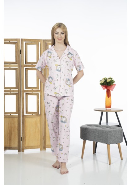24125 Kadın Kittycorn Kısa Kol Önden Düğmeli Yazlık Penye Pijama Takımı indirimleri