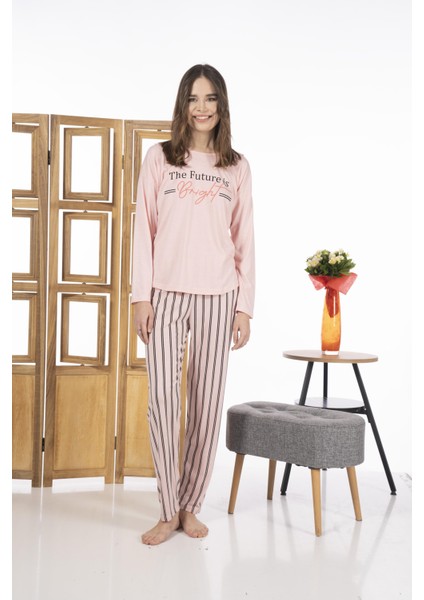 24118 Kadın Çizgili Uzun Kollu Yazlık Viskon Pijama Takımı fırsatları