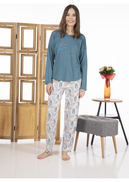 24119 Kadın Yaprak Desenli Uzun Kollu Yazlık Viskon Pijama Takımı